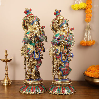 Brass Radha Krishna Idols with Lotus Base 26 "