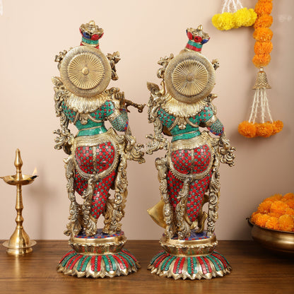 Brass Radha Krishna Idols with Lotus Base 26 "