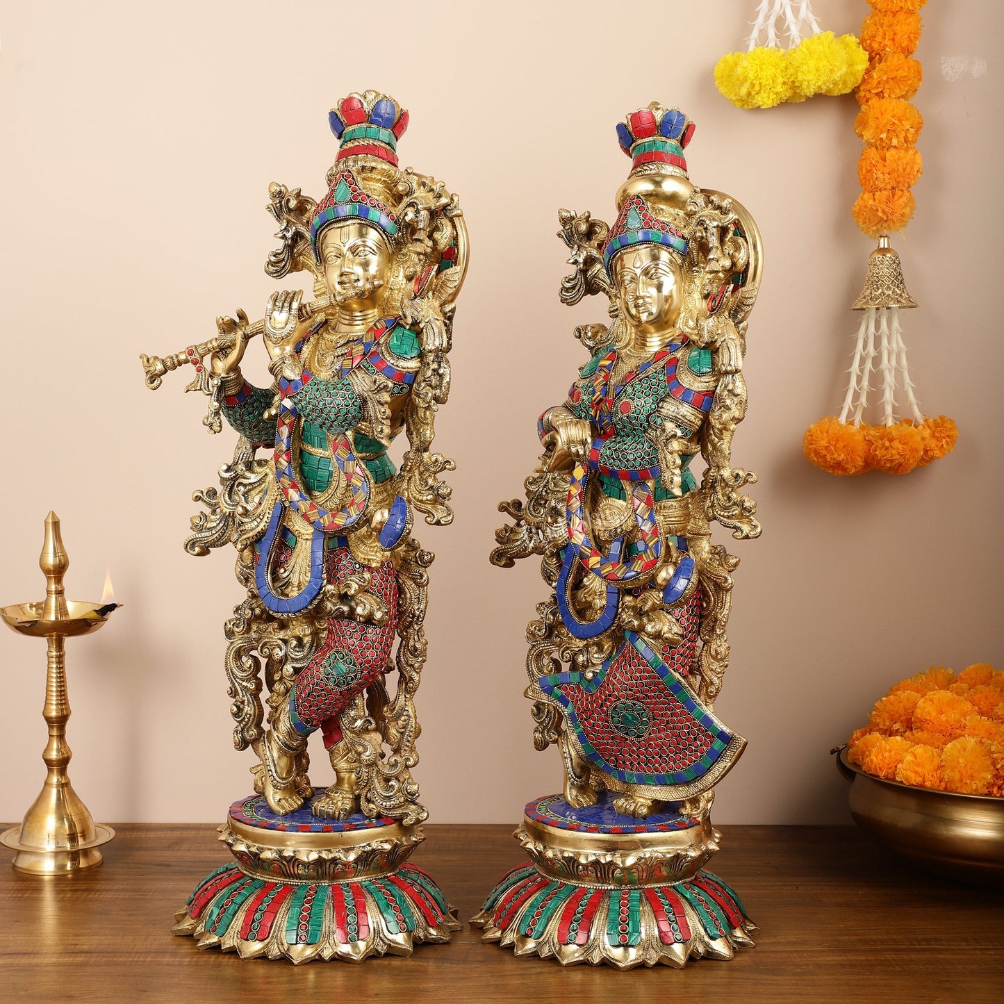 Brass Radha Krishna Idols with Lotus Base 26 "