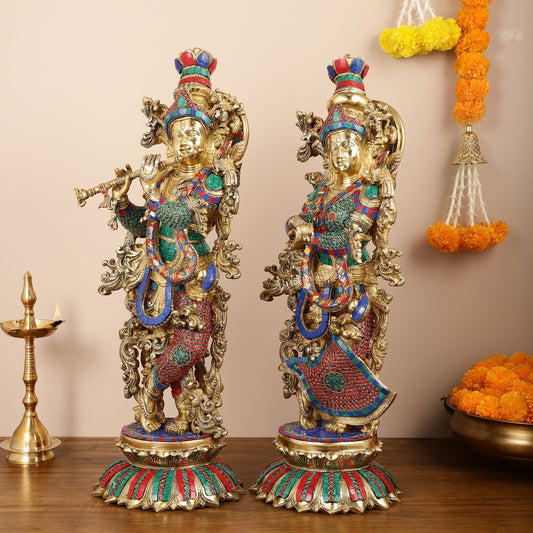 Brass Radha Krishna Idols with Lotus Base 26 "