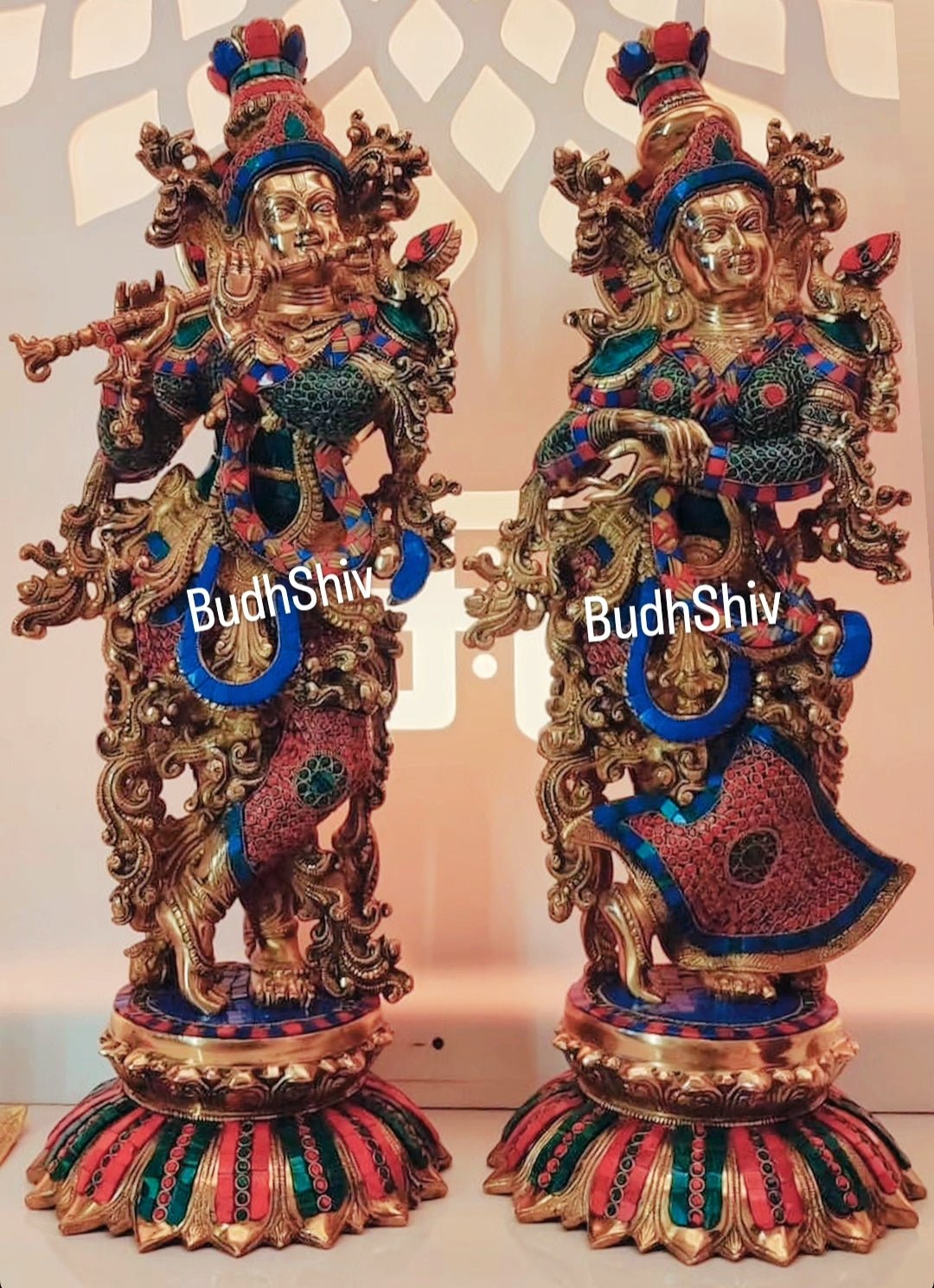 Brass Radha Krishna Idols with Lotus Base 26 "