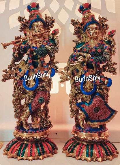 Brass Radha Krishna Idols with Lotus Base 26 "