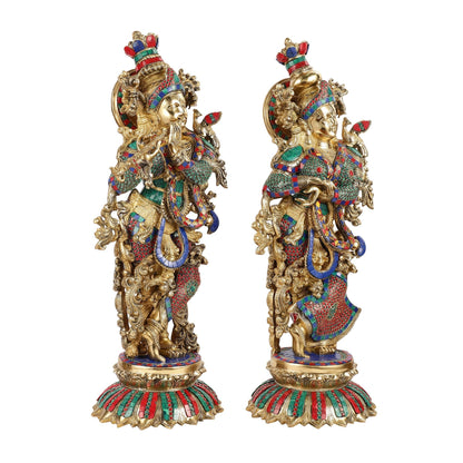 Brass Radha Krishna Idols with Lotus Base 26 "