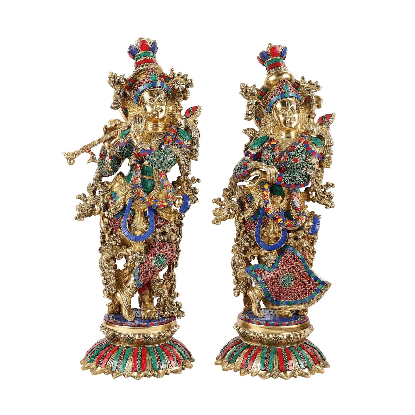 Brass Radha Krishna Idols with Lotus Base 26 "