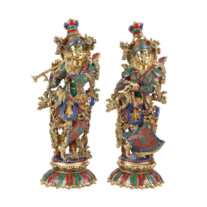 Brass Radha Krishna Idols with Lotus Base 26 "