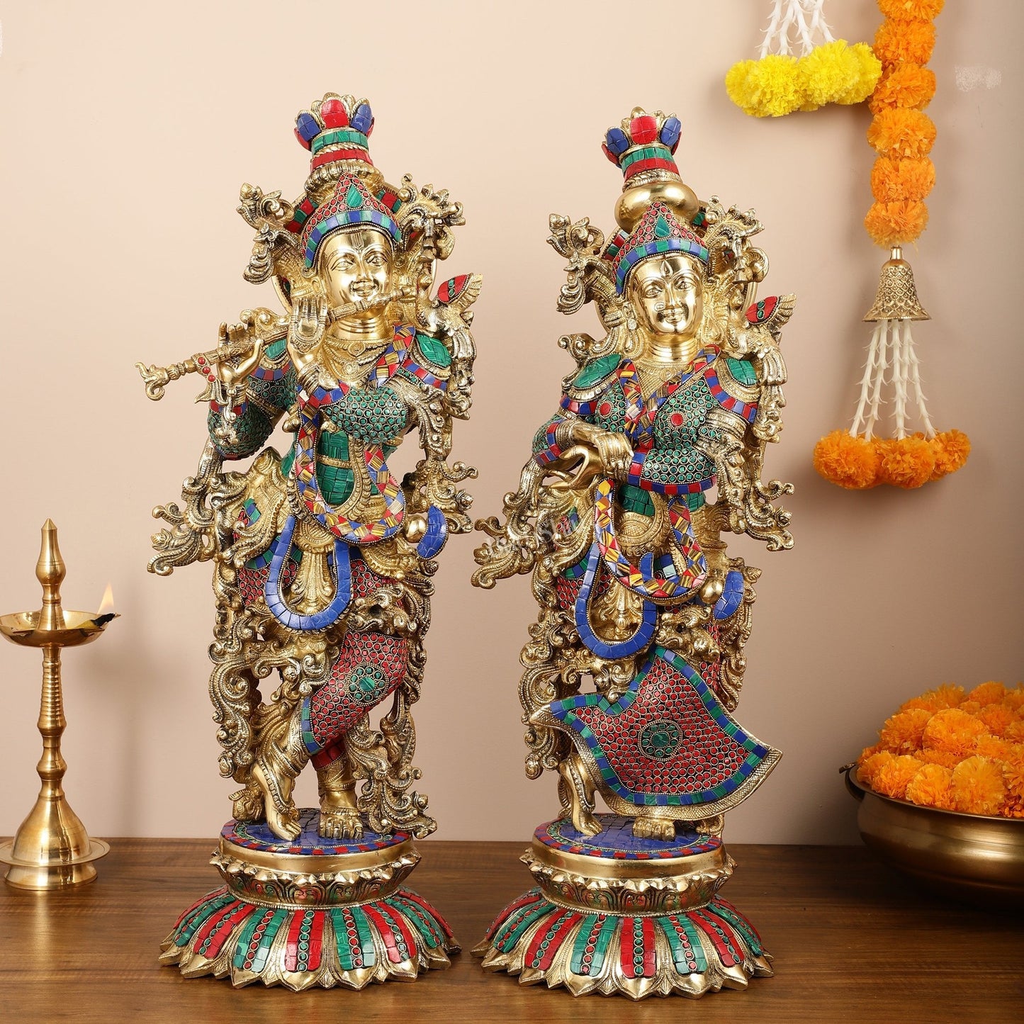 Brass Radha Krishna Idols with Lotus Base 26 "