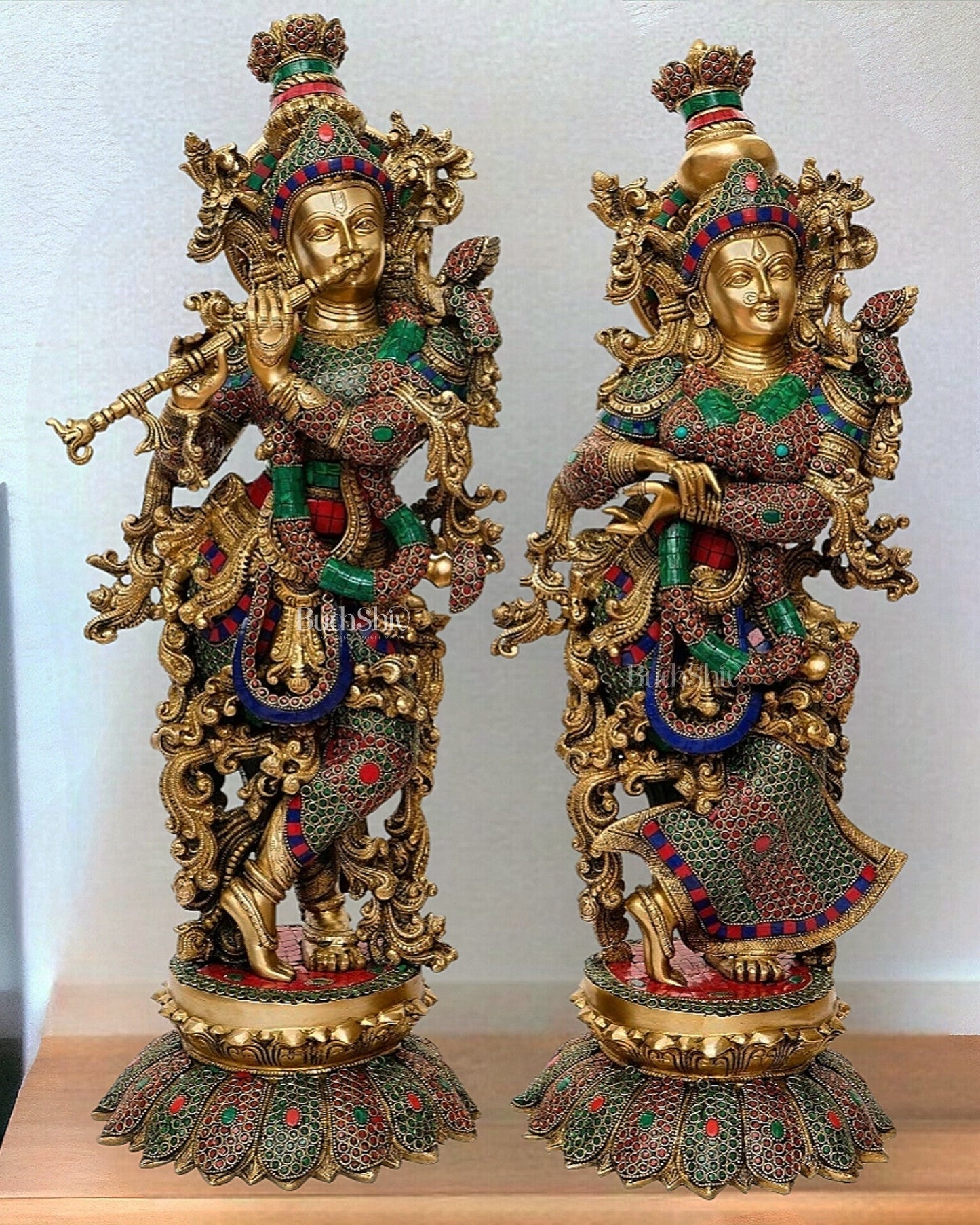 Brass Radha Krishna Idols with Lotus Base 27 inch