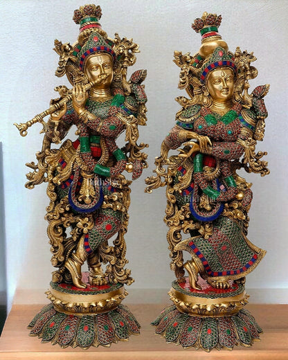 Brass Radha Krishna Idols with Lotus Base 27 inch
