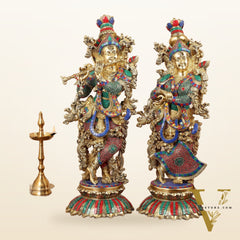 Brass Radha Krishna Idols with Lotus Base 26 "