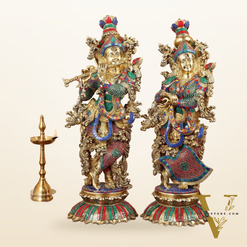 Brass Radha Krishna Idols with Lotus Base 26 "