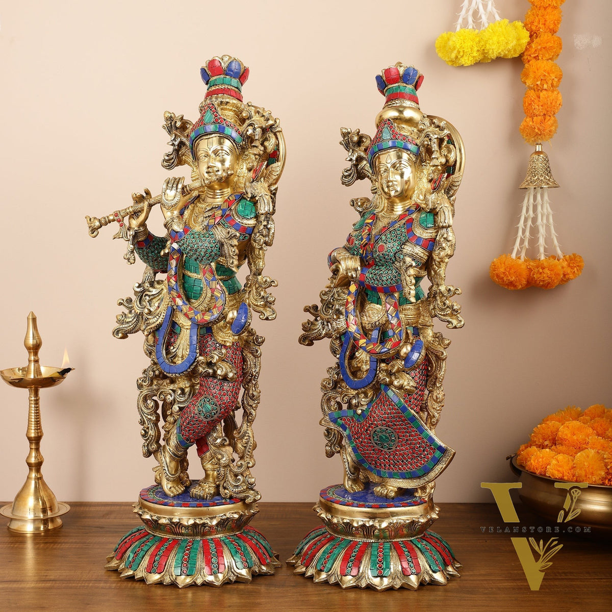 Brass Radha Krishna Idols with Lotus Base 26 "