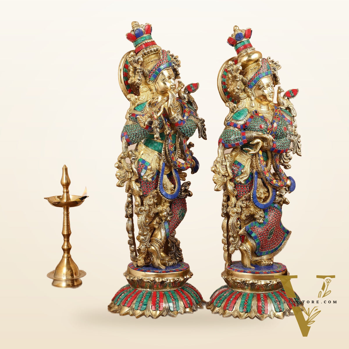 Brass Radha Krishna Idols with Lotus Base 26 "