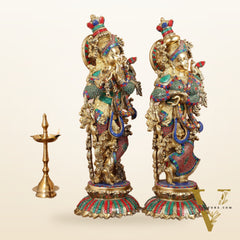 Brass Radha Krishna Idols with Lotus Base 26 "