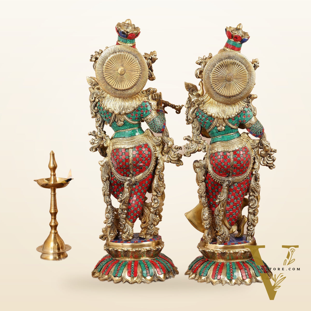 Brass Radha Krishna Idols with Lotus Base 26 "