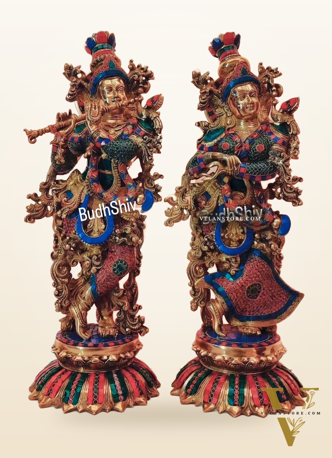 Brass Radha Krishna Idols with Lotus Base 26 "