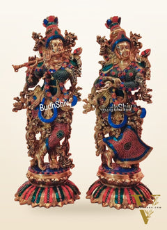 Brass Radha Krishna Idols with Lotus Base 26 "