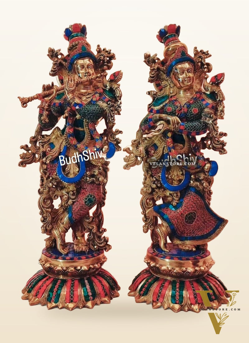 Brass Radha Krishna Idols with Lotus Base 26 "
