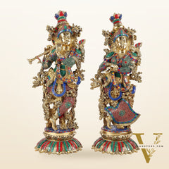 Brass Radha Krishna Idols with Lotus Base 26 "