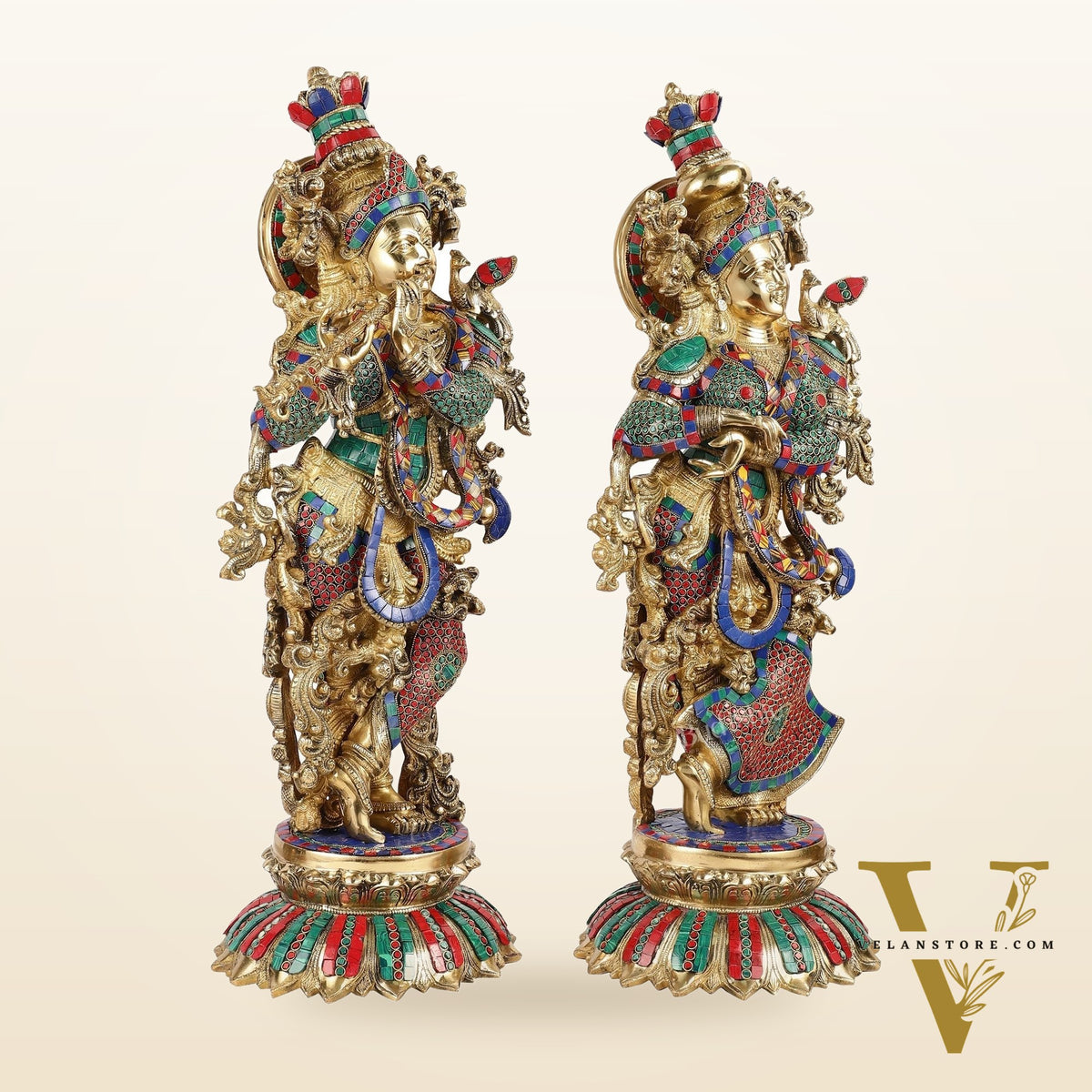 Brass Radha Krishna Idols with Lotus Base 26 "