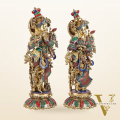 Brass Radha Krishna Idols with Lotus Base 26 "