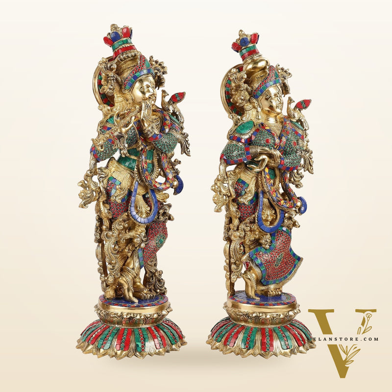 Brass Radha Krishna Idols with Lotus Base 26 "