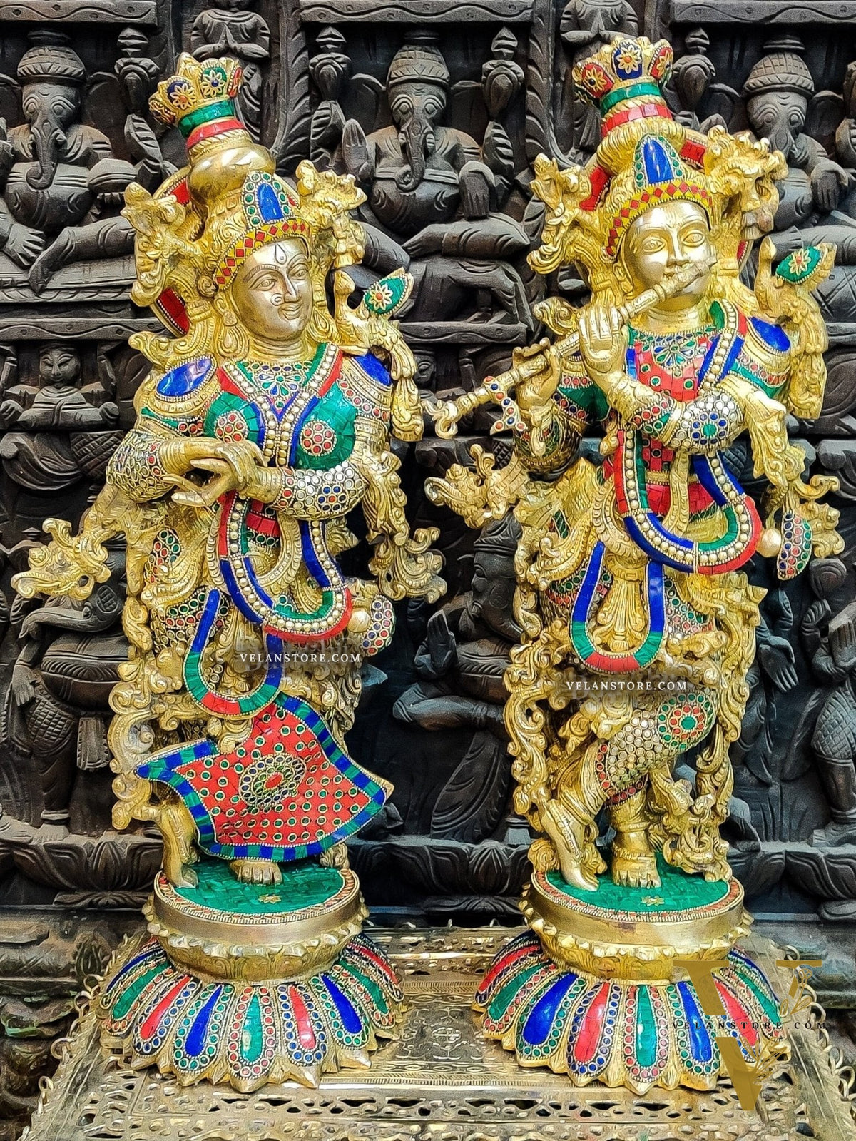 Brass Radha Krishna Idols - with Lotus Base 26 "