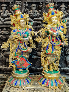Brass Radha Krishna Idols - with Lotus Base 26 "