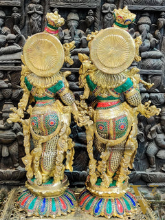 Brass Radha Krishna Idols - with Lotus Base 26 "