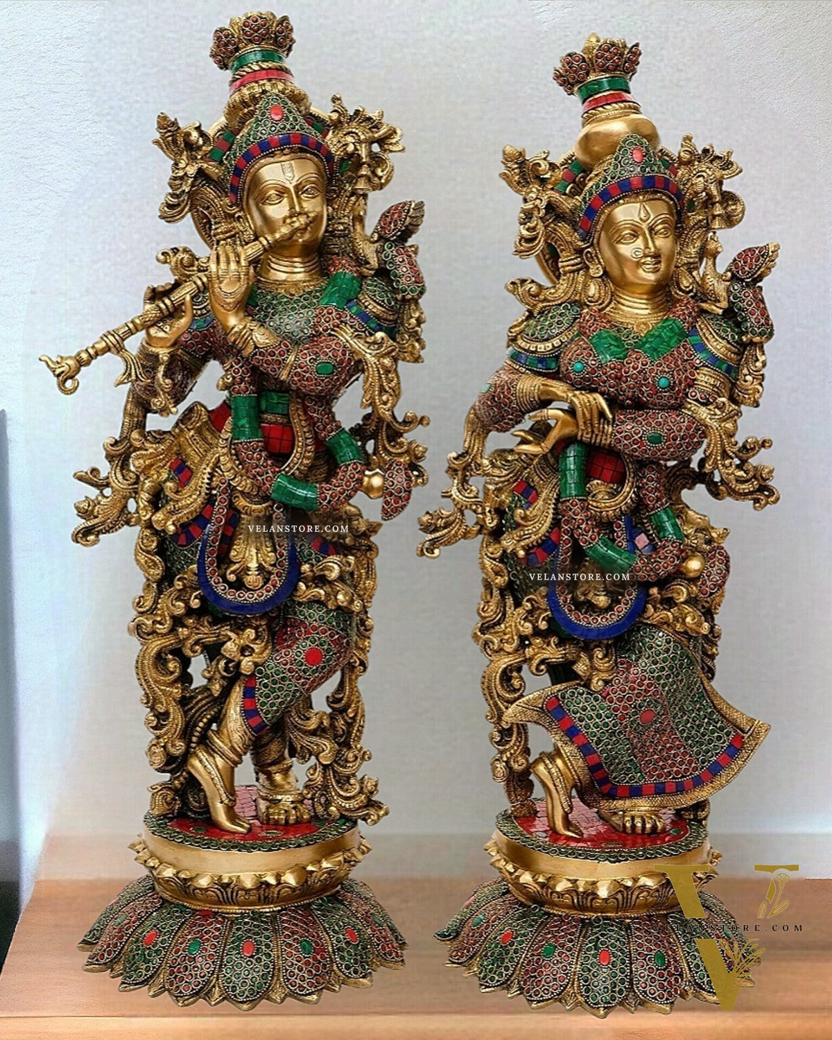 Brass Radha Krishna Idols with Lotus Base 27 inch