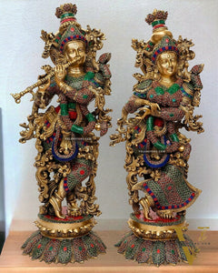 Brass Radha Krishna Idols with Lotus Base 27 inch