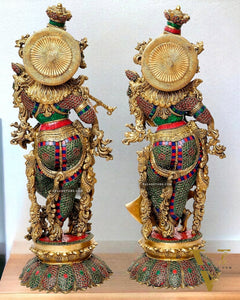 Brass Radha Krishna Idols with Lotus Base 27 inch
