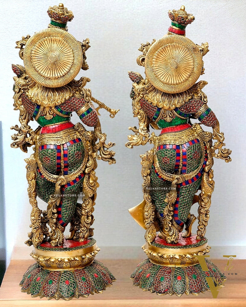 Brass Radha Krishna Idols with Lotus Base 27 inch