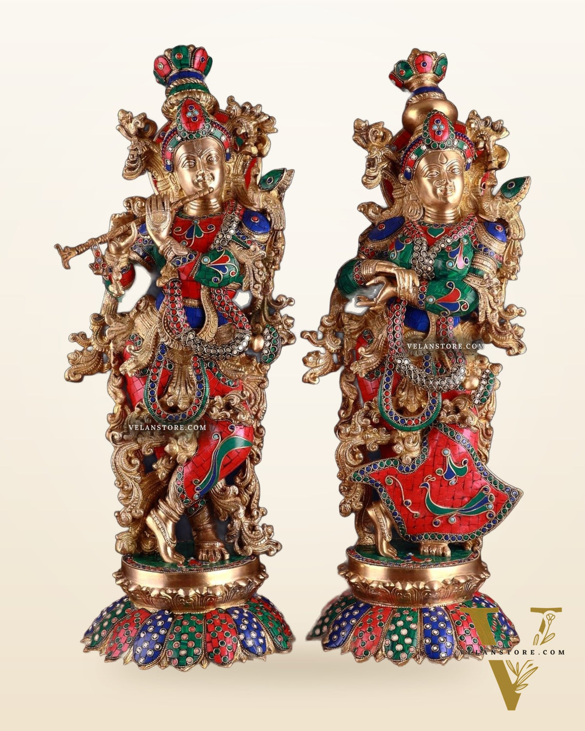 Brass Radha Krishna Idols with Lotus Base 27 inch
