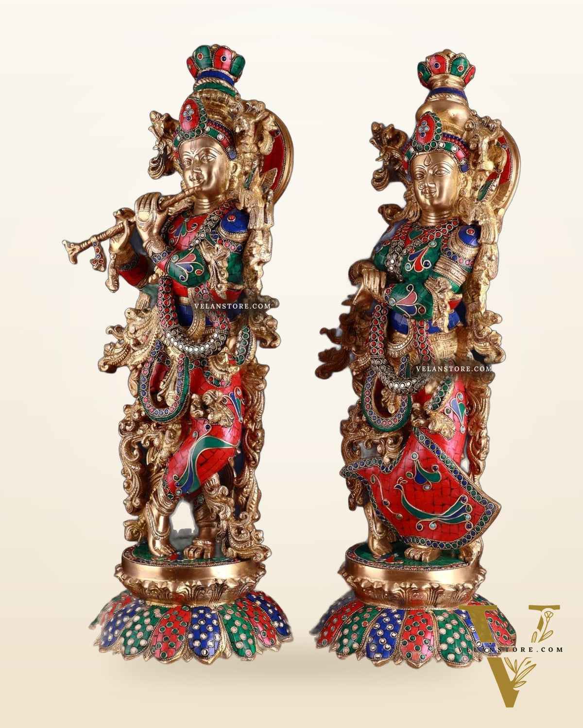 Brass Radha Krishna Idols with Lotus Base 27 inch