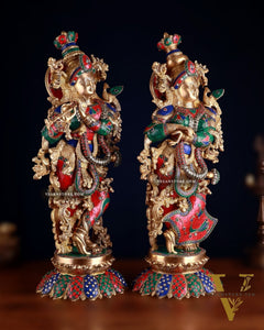 Brass Radha Krishna Idols with Lotus Base 27 inch