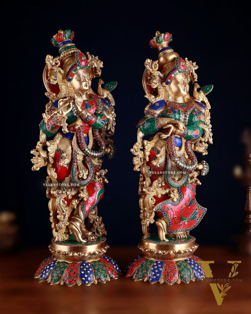 Brass Radha Krishna Idols with Lotus Base 27 inch