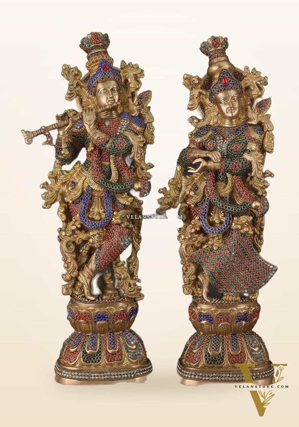 Brass Radha Krishna Idols with Meenakari jewel work - 29" Tall, 33 kg Pair