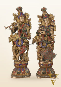 Brass Radha Krishna Idols with Meenakari jewel work - 29" Tall, 33 kg Pair