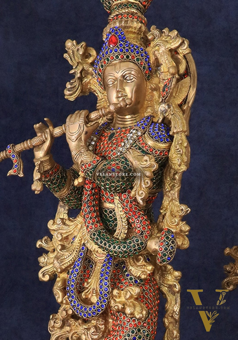 Brass Radha Krishna Idols with Meenakari jewel work - 29" Tall, 33 kg Pair