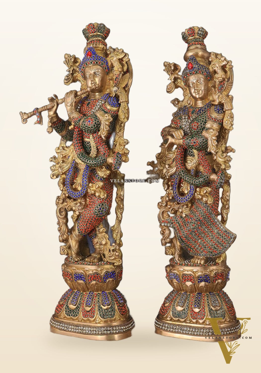 Brass Radha Krishna Idols with Meenakari jewel work - 29" Tall, 33 kg Pair