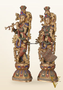 Brass Radha Krishna Idols with Meenakari jewel work - 29" Tall, 33 kg Pair