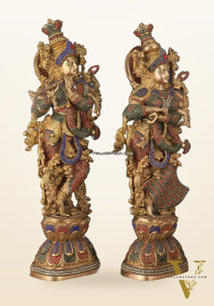 Brass Radha Krishna Idols with Meenakari jewel work - 29" Tall, 33 kg Pair