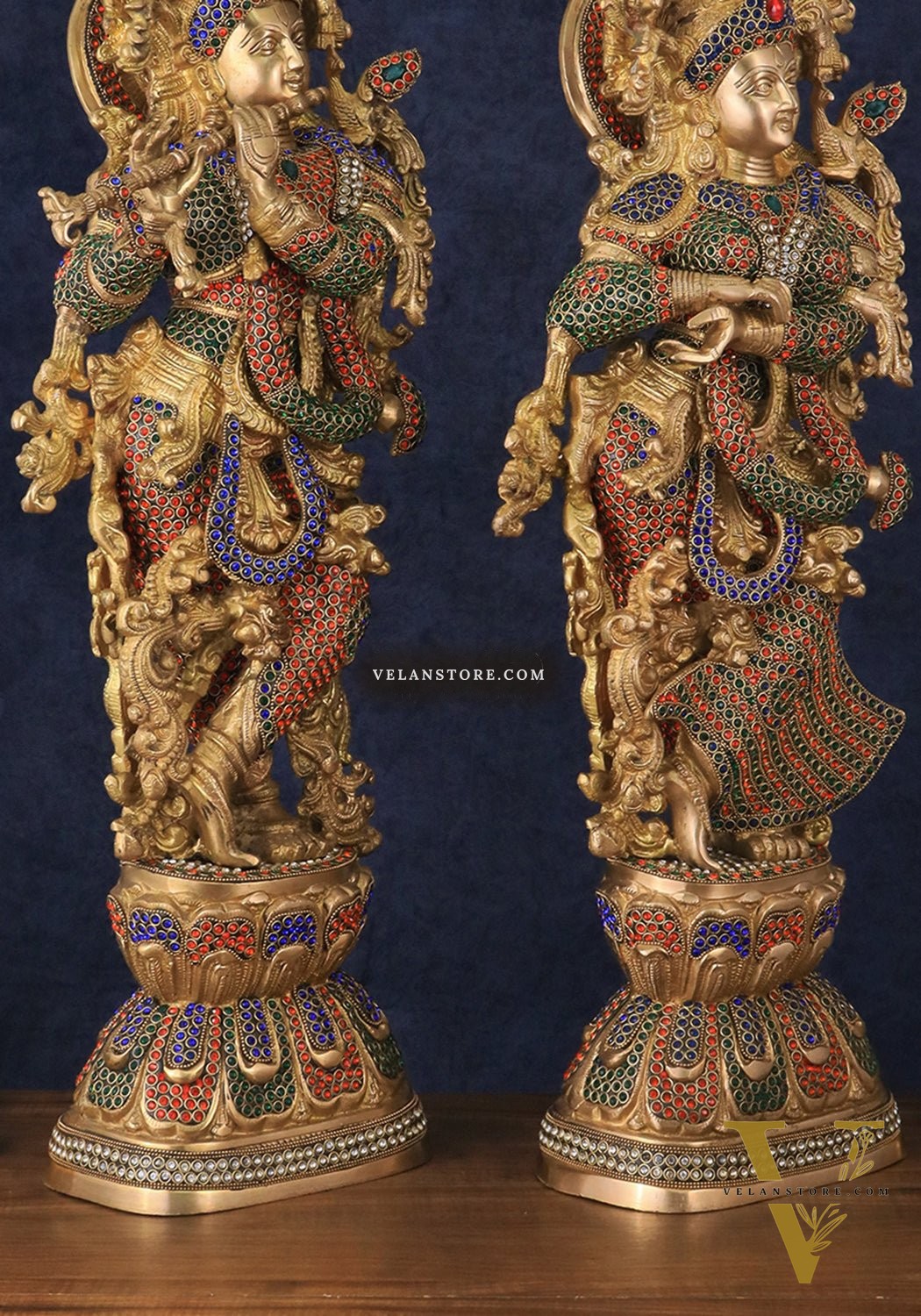 Brass Radha Krishna Idols with Meenakari jewel work - 29" Tall, 33 kg Pair