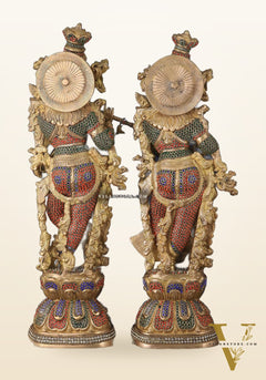 Brass Radha Krishna Idols with Meenakari jewel work - 29" Tall, 33 kg Pair