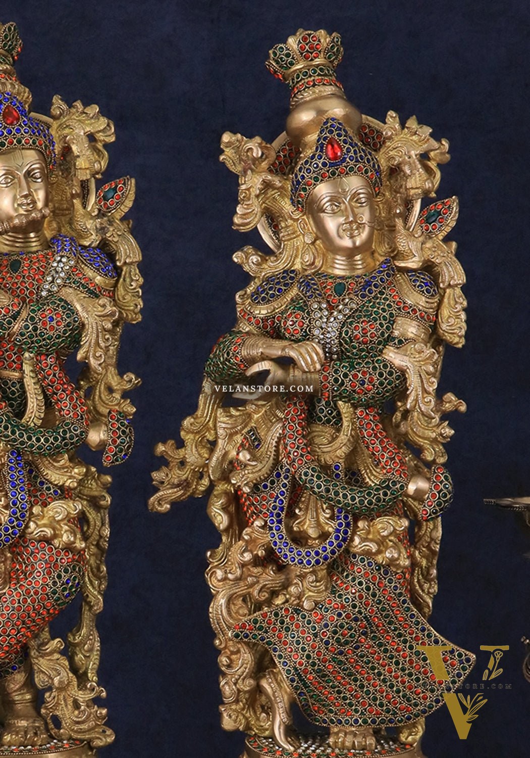 Brass Radha Krishna Idols with Meenakari jewel work - 29" Tall, 33 kg Pair