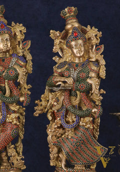 Brass Radha Krishna Idols with Meenakari jewel work - 29" Tall, 33 kg Pair