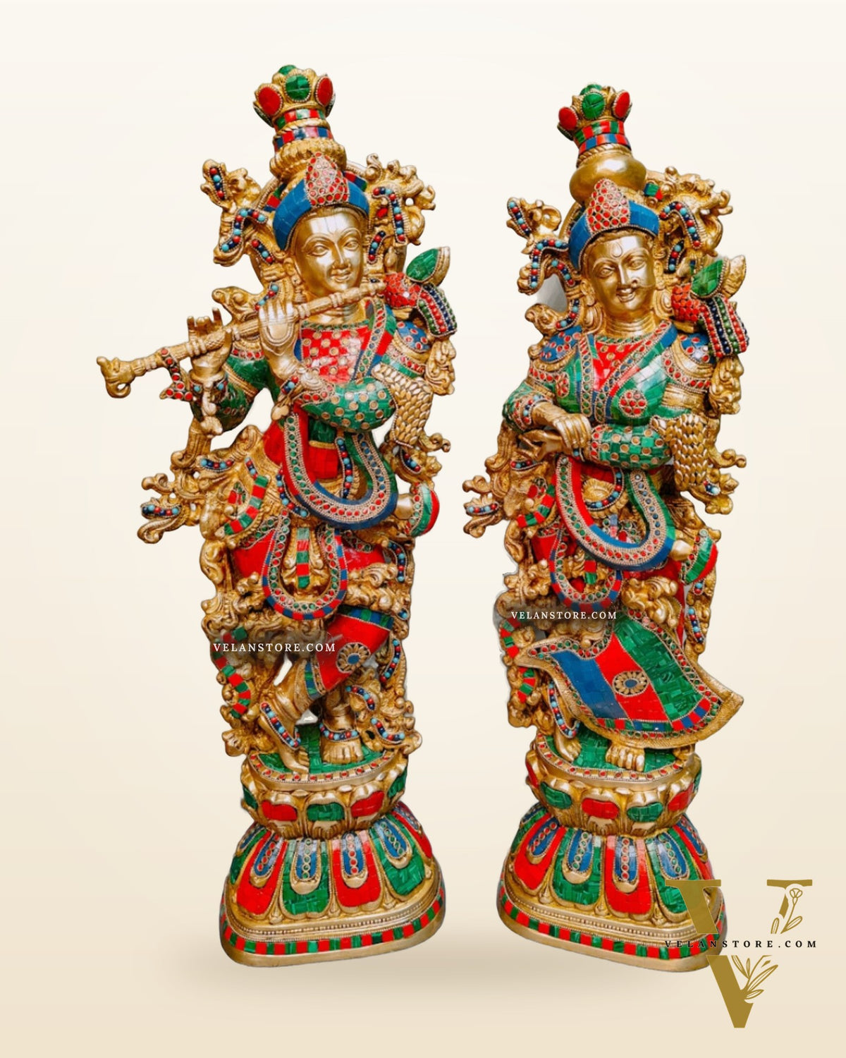Brass Radha Krishna Idols with stonework 30 inch