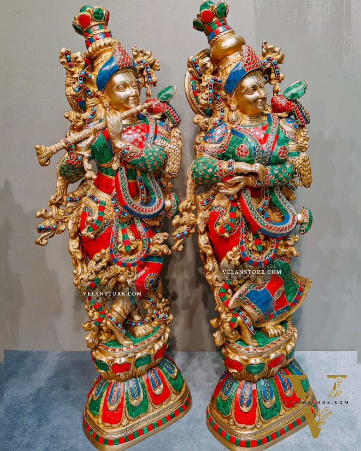Brass Radha Krishna Idols with stonework 30 inch