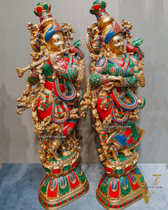 Brass Radha Krishna Idols with stonework 30 inch
