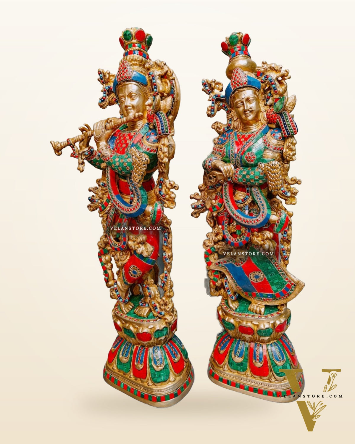 Brass Radha Krishna Idols with stonework 30 inch